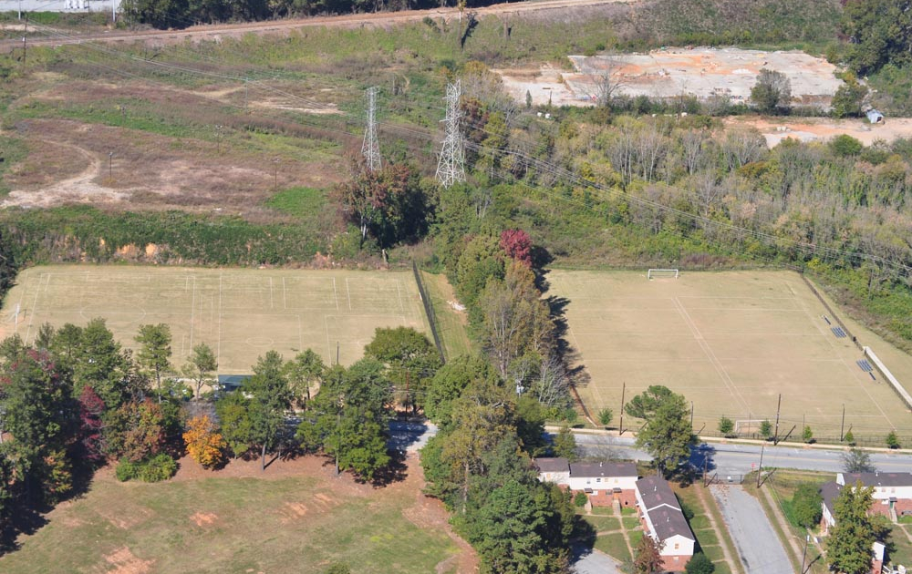 Aerial view of the 5-acre park. The future Southside Trail is visible at the top of the image.